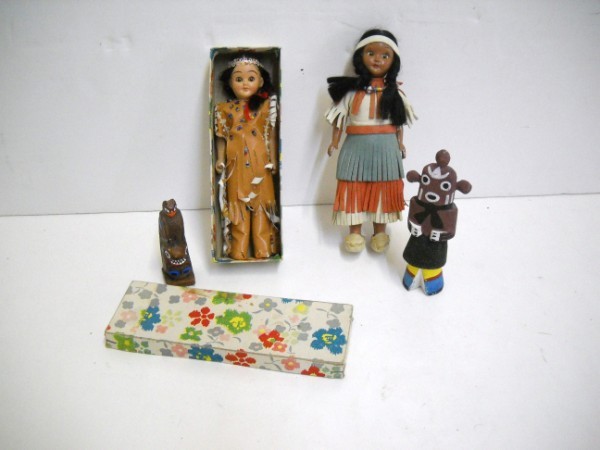 INDIAN ITEMS: TOTEM POLE; 2 INDIAN DOLLS; KACHINA DOLL. LARGEST MEASURES 7 INCHES HIGH