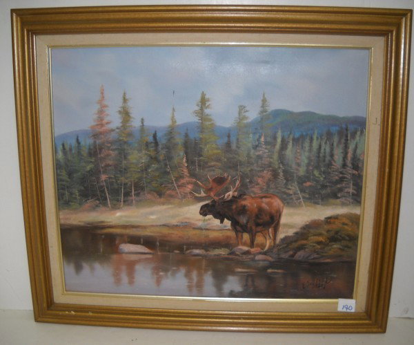 OIL ON CANVAS SINGED: OIL ON CANVAS MOOSE SCENE SIGNED E. JO HABER. STAIN; CHIPS TO FRAME. 30 INCHES X 26 INCHES