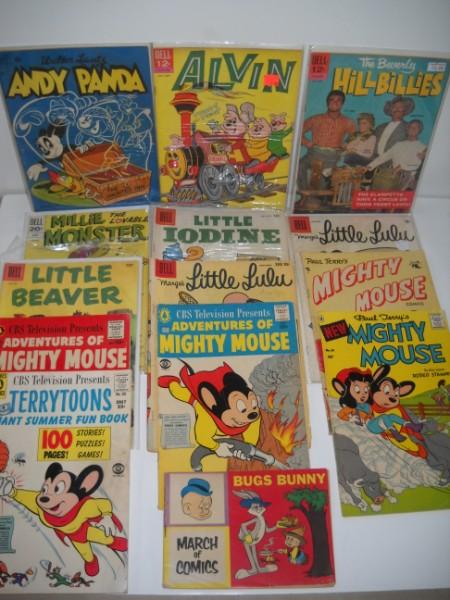 COMIC BOOKS: APPROX. 13 COMIC BOOKS INCLUDING MIGHTY MOUSE; TERRYTOONS; THE BEVERLY HILLBILLIES; ANDY PANDY; LITTLE IODINE; LITTLE LULU; ALVIN; LITTLE BEAVER; MILLIE THE LOVABLE MONSTER. USED CONDITION. ALL SALES 