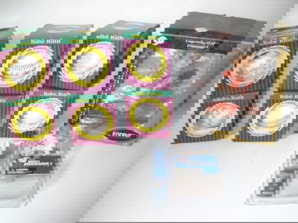 SPORTS LOT: 6 BABE RUTH BASEBALLS; LEGENDS OF THE DIAMON BOBBLE HEAD; RANDY JOHNSON FIGURE. ALL SALES ARE FINAL, ITEMS ARE SOLD "AS IS". FOR COMPLETE CONDITION REPORT CONTACT AUCTION HOUSE BY EMAIL PRIOR TO BIDDI