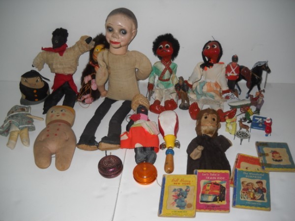 TOYS: COLLECTION OF ASSORTED TOYS INCLUDING DOLLS; YO YOS; CHILDRENS BOOKS; MARRIONETTES; HAND PUPPET. STRINGS NOT ATTACHED; STAINED; WEAR; CRACKED; USED CONDITION. ALL SALES ARE FINAL, ITEMS ARE SOLD "AS I