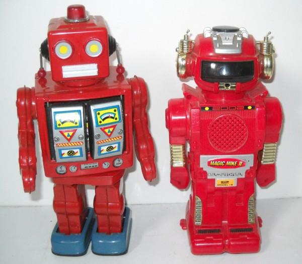 ROBOTS: 2 ROBOTS INCLUDING PLASTIC 2002 MAGIC MIKE II; TIN ROBOT DATE UNKOWN. SCRATCHES. ALL SALES ARE FINAL, ITEMS ARE SOLD "AS IS". FOR COMPLETE CONDITION REPORT CONTACT AUCTION HOUSE BY EMAIL PRIOR TO BIDD