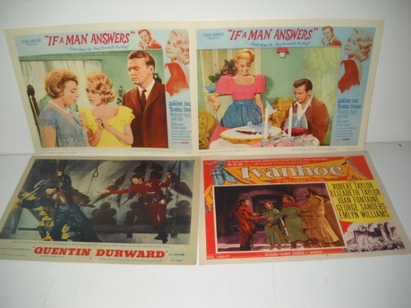 LOBBY CARDS: 4 LOBBY CARDS/POSTERS INCLUDING INCLUDING 2 IF A MAN ANSWERS - SANDRA DEE, BOBBY DARIN, CESAR ROMERO; IVANHOE - ROBERT TAYLOR, ELIZABETH TAYLOR, JOAN FONTAINE; QUWNTIN DURWARD. USED CONDITION. 14 INCH