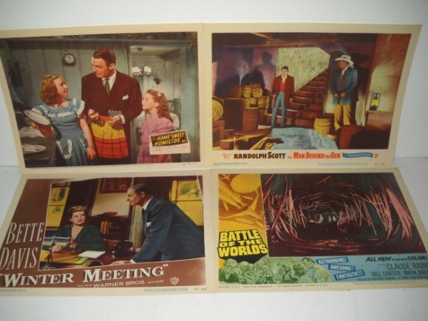 LOBBY CARDS: 4 LOBBY CARDS/POSTERS INCLUDING HOME SWEET HOMICIDE - RANDOLPH SCOTT; WINTER MEETING- BETTE DAVIS; BATTLE OF THE WORLDS - CLAUDE RAINS; THE MAN BEHIND THE GUN - RANDOLPH SCOTT. USED CONDITION. 14 INCH