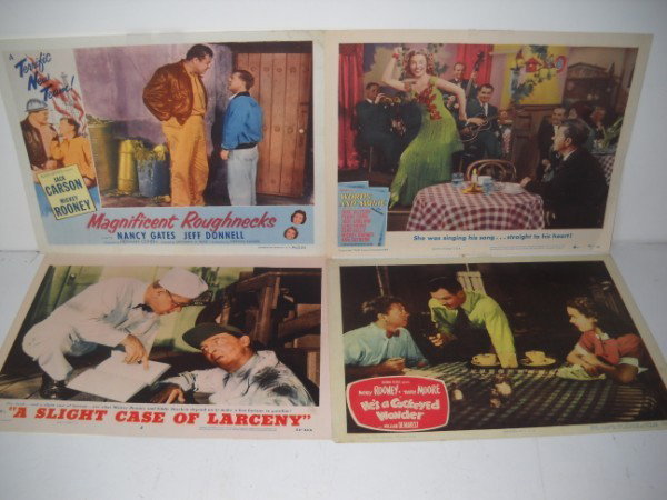 LOBBY CARDS: 4 LOBBY CARDS/POSTERS INCLUDING A SLIGHT CASE OF LARCENY; MAGNIFICENT ROUGHNECKS; WORDS AND MUSIC - PERRY COMO, LENA HORNE, GENE KELLY, MICKEY ROONEY; HE'S A COCKEYED WONDER - MICKEY ROONEY. USED COND