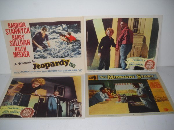 LOBBY CARDS: 4 LOBBY CARDS/POSTERS INCLUDING A WOMAN IN JEOPARDY - BARBARA STANWYCK; 2 SECRET STATE - DOUGLAS FAIRBANKS JR; THE MIDNIGHT STORY - TONY CURTIS; ALL SALES ARE FINAL, ITEMS ARE SOLD "AS IS". FOR COMPLE
