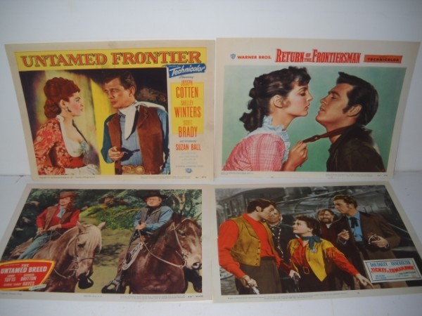 LOBBY CARDS: 4 LOBBY CARDS/POSTERS INCLUDING UNTAMED FRONTEIR - SHELLEY WINTERS, SCOTT BRADY; THE UNTAMED BREED - SUNNY TUFTS; A TICKET TO TOMAHAWK - DAN DAILEY, ANNE BAXTER; RETURN OF THE FRONTIERSMAN. USED CONDI