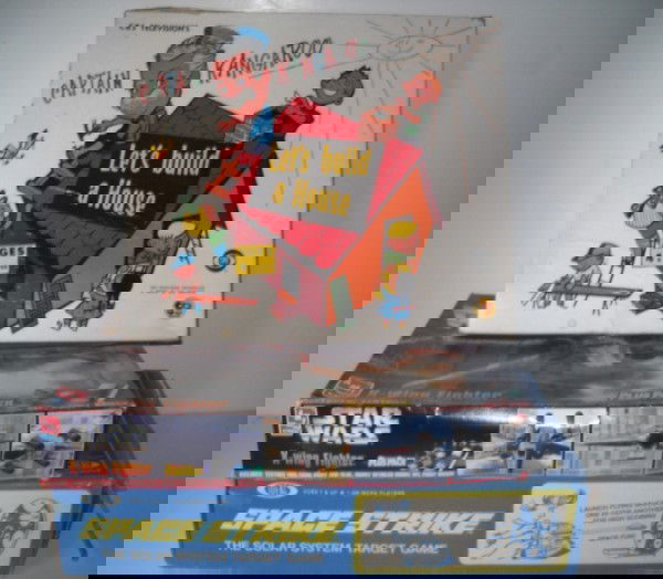 GAMES: 3 GAMES INCLUDING CAPTAIN KANGAROO LET'S BUILD A HOUSE; SPACE STRIKE; STAR WARS MODEL KIT. BOXES TORN; USED CONDITION; POSSIBLE PIECES LACKING. ALL SALES ARE FINAL, ITEMS ARE SOLD "AS IS". FOR COMPLET