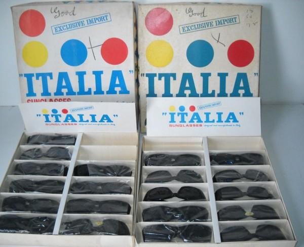 SUNGLASSES: 2 BOXES OF ITALIA SUNGLASSES, 20 PAIRS. BOX STAINED; WRITTEN ON. 13 1/2 INCHES X 12 1/2 INCHES. ALL SALES ARE FINAL, ITEMS ARE SOLD "AS IS". FOR COMPLETE CONDITION REPORT CONTACT AUCTION HOUSE BY EMAI