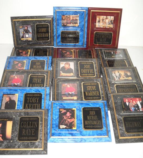 MUSICIAN PLAQUES: VARIOUS MUSICIAN PLACQUES WITH CARDS INCLUDING COLLIN RAYE; JOE DIFFIE; STEVE WARINER; TOBY KEITH. 7 INCHES X 9 INCHES. SCRATCHES MOSTLY ON BACK. ALL SALES ARE FINAL, ITEMS ARE SOLD "AS IS". FOR COMPL