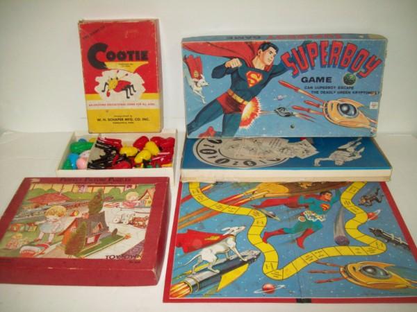 GAMES: 3 GAMES INCLUDING SUPERBOY; COOTIE; PERFECT PICTURE PUZZLES; MARBLES. STAINED; TEARS; WRITTEN ON. ALL SALES ARE FINAL, ITEMS ARE SOLD "AS IS". FOR COMPLETE CONDITION REPORT CONTACT AUCTION HOUSE BY EM
