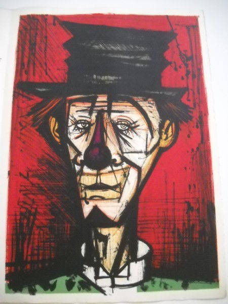 LITHOGRAPH: 1968 BERNARD BUFFET LITHOGRAPH WITH COVER SHEET, "EMILE LE CLOWN" ON ARCHES PAPER. FROM THE PORTFOLIO: MON CIRQUE NOT SIGNED. OPENED MEASURES 40 INCHES X 28 INCHES, CLOSED MEASURES 28 INCHES X 20 INCH