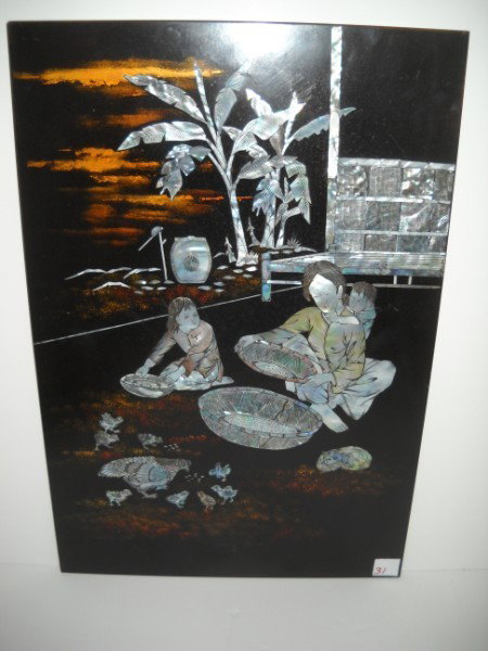 INLAID PANEL: INLAID VIETNAMESE WALL HANGING PANEL. SCRATCHES. 16 INCHES WIDE X 23 1/2 INCHES HIGH. All property is sold "AS IS", "WHERE IS", and ALL SALES ARE FINAL. There are NO REFUNDS, NO EXCHANGES. ALL ARTWORK