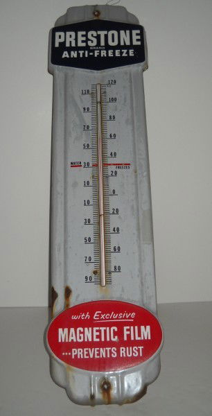 ADVERTISING SIGN: PRESTONE ANTI-FREEZE ADVERTISING THERMOMETER. RUST; SCRATCHES; PAINT LOSS. 9 1/2 INCHES WIDE X 36 1/2 INCHES HIGH. All property is sold "AS IS", "WHERE IS", and ALL SALES ARE FINAL. There are NO REFUN