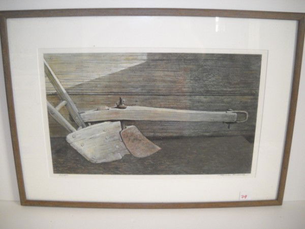 LITHOGRAPH: LITHOGRAPH FARM TOOL SCENE 30/450 SIGNED ERIC SLOANE. 29 INCHES WIDE X 21 INCHES HIGH. All property is sold "AS IS", "WHERE IS", and ALL SALES ARE FINAL. There are NO REFUNDS, NO EXCHANGES. ALL ARTWOR