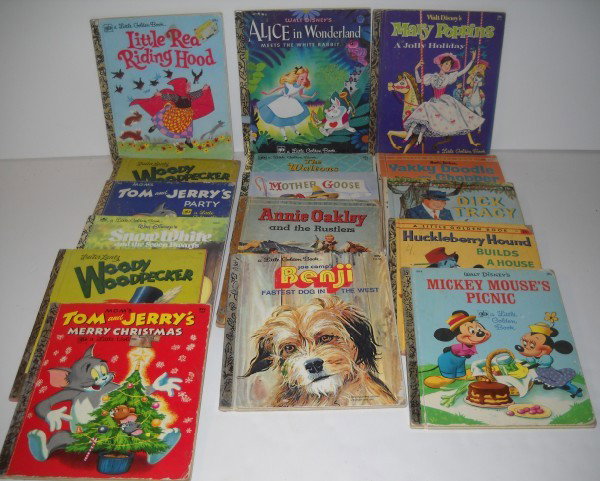 CHILDRENS BOOKS: 16 LITTLE GOLDEN BOOKS INCLUDING TOM AND JERRY; BENJI; HUCKLEBERRY HOUND; LITTLE RED RIDING HOOD; ALICE IN WONDERLAND; MARY POPPINS; ANNIE OAKLEY; WOODY WOODPECKER. USED CONDITION; PAPER LOSS; TEARS; 