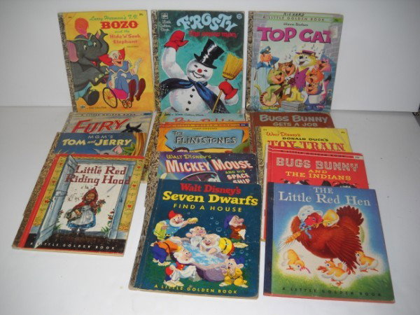 CHILDRENS BOOKS: 14 LITTLE GOLDEN BOOKS INCLUDING BOZO; THE LITTLE RED HEN; BUGS BUNNY; FURY; FROSTY; TOP CAT; THE FLINTSONES; MICKEY MOUSE. USED CONDITION; BOZO NO BACK COVER; STAINS; PAPER LOSS; TEARS; WRITTEN ON. A