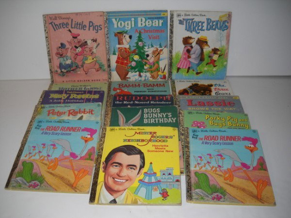 CHILDRENS BOOKS: 15 LITTLE GOLDEN BOOKS INCLUDING 2 ROADRUNNER; THREE LITTLE PIGS; BUGS BUNNY; LASSIE; PETER RABBIT; RUDOLPH. USED CONDITION; PAPER LOSS; WRITTEN ON; STAINS; TEARS. All property is sold "AS IS", "WHERE