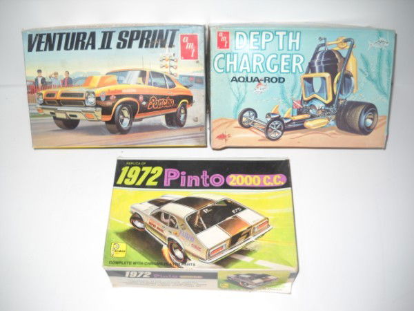 MODEL KITS: 3 MODEL KITS INCLUDING VENTURA II SPRINT; DEPTH CHARGER AQUA-ROD; 1972 PINTO. USED CONDITION; POSSIBLE NOT COMPLETSE. 9 1/2 INCHES X 6 1/2 INCHES. All property is sold "AS IS", "WHERE IS", and ALL SAL