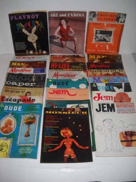 MEN'S ENTERTAINMENT MAGAZINES: COLLECTION OF VARIOUS MEN'S ENTERTAINMENT MAGAZINES INCLUDING 1 PLAYBOY; 3 THE DUDE; 4 JEM; 2 ESCAPADE; 3 MODERN MAN; 1 HI-LIFE; 1 CAPER; 1 NUGGET; 1 AMATEUR ART & CAMERS; 1 SCENE; 6 MONSIEUR. TEARS; 