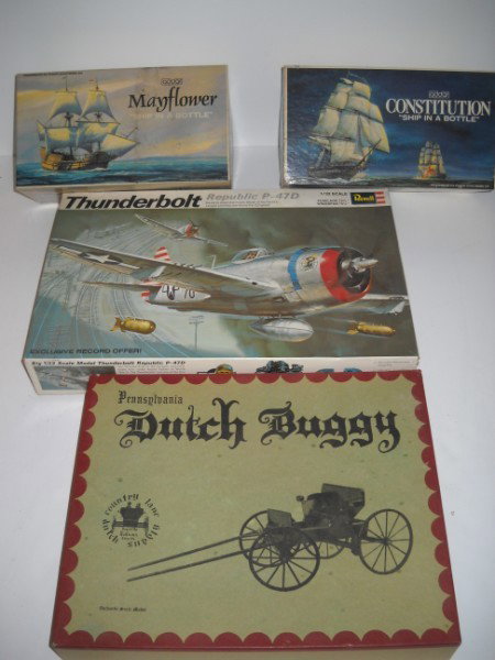 MODEL KITS: 4 MODEL KITS INCLUDING DUTCH BUGGY; REVELL THUNDERBOLT; MAYFLOWER; CONSTITUSION "SHIP IN A BOTTLE". USED CONDITION; POSSIBLE NOT COMPLETE. All property is sold "AS IS", "WHERE IS", and ALL SALES ARE F