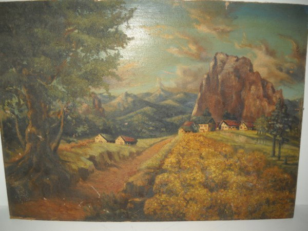 OIL ON BOARD SIGNED: OIL ON BOARD LANDSCAPE SCENE SIGNED I. COHEN. TOP CUT; PAINT LOSS; STAINS. BACK READS "TO GERRY GOLDSTEIN ON HER 23RD BIRTHDAY FROM HER BROTHER IRVING COHEN (JUNE 3, 1947). 22 INCHES HIGH X 30 INCHES 