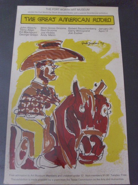 POSTER: THE GREAT AMERICAN RODEO POSTER BY RED GROOMS '75. SIGNED RED GROOMS. FOXING THROUGH OUT; CREASES. 29 INCHES HIGH X 18 INCHES WIDE. All property is sold "AS IS", "WHERE IS", and ALL SALES ARE FINAL. T