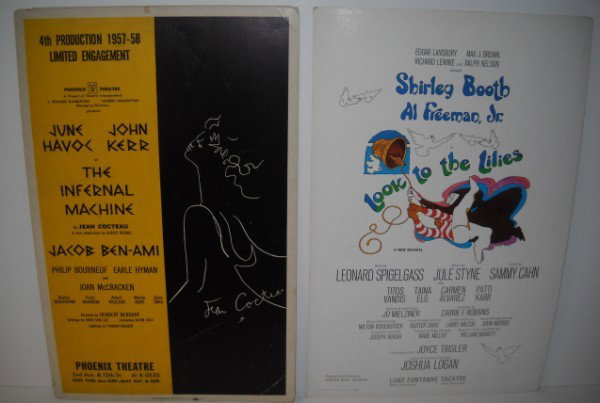 THEATRE POSTERS: 2 THEATRE ADVERTISING POSTERS INCLUDING LOOK TO THE LILIES WITH SHIRLEY BOOTH & AL FREEMAN JR.; & THE INFERAL MACHINE WITH JUNE HAVOC & JOHN KERR. SRACTCHES; PAPER LOSS; CREASES. 22 INCHES X 14 INCHES