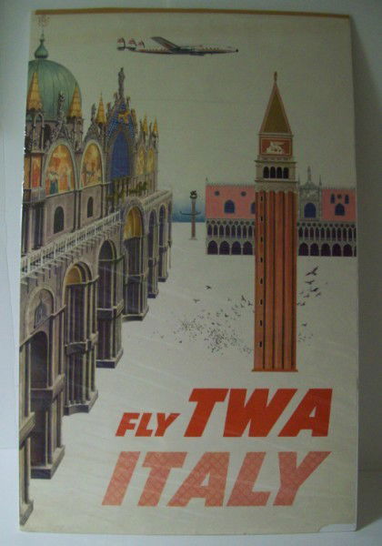 TRAVEL POSTER: 1960'S ITALY FLY TWA TRAVEL POSTER BY DAVID KLEIN. TAPE ON EDGE; TEARS; CORNER RIPPED OFF; CREASES. 25 INCHES X 40 INCHES. All property is sold "AS IS", "WHERE IS", and ALL SALES ARE FINAL. There are