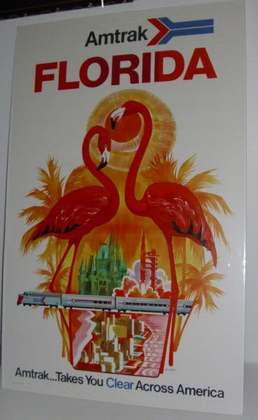 TRAVEL POSTER: 1970'S AMTRAK FLORIDA TRAVEL POSTER BY DAVID KLEIN. A CONDITION. 40 1/2 INCHES X 25 1/2 INCHES. All property is sold "AS IS", "WHERE IS", and ALL SALES ARE FINAL. There are NO REFUNDS, NO EXCHANGES. A
