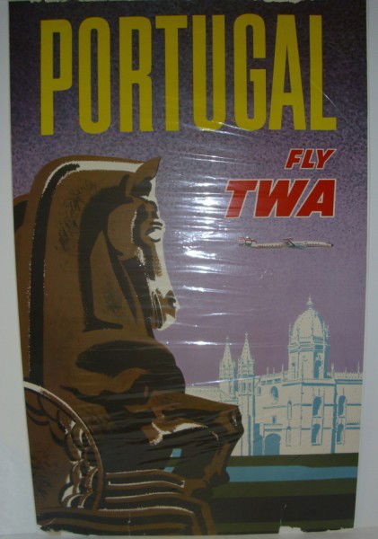TRAVEL POSTER: 1960'S PORTUGAL FLY TWA TRAVEL POSTER BY DAVID KLEIN. LOSS TO IMAGE ON TOP EDGE; PIECES LACKING ON BOTTOM; TEARS ON BOTTOM; CREASES. 25 INCHES X 40 INCHES. All property is sold "AS IS", "WHERE IS", an