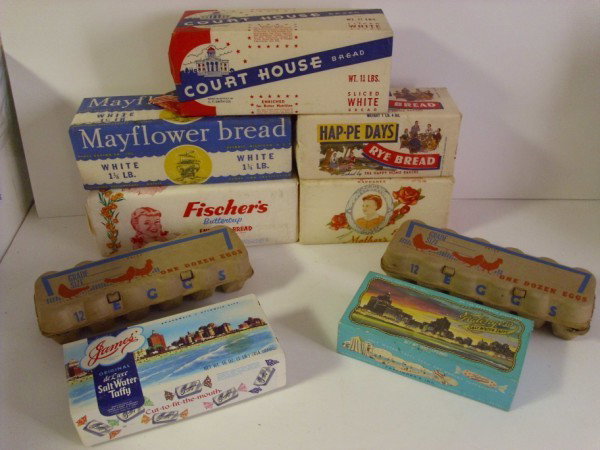 ADVERTISING ITEMS: ADVERTISING LOT INCLUDING COURTHOUSE BREAD; MAYFLOWER BREAD;HAP-PE-DAYS RYE BREAD; EGG CARTONS. BOXES EMPTY. LARGEST MEASURES 12 INCHES X 4 INCHES. All property is sold "AS IS", "WHERE IS", and ALL SA