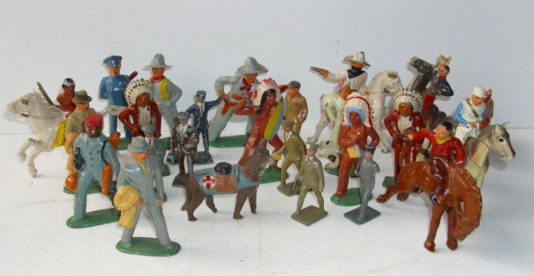 TOY FIGURES: COLLECTION OF ASSORTED LEAD TOY FIGURES INCLUDING SOLDIERS; INDIANS; HORSES. 6 MARKED LINCOLN LOGS USA; 2 MARKED MADE IN USA; SOME LACKING PARTS; PAINT LOSS; SCRATCHES. All property is sold "AS IS", "