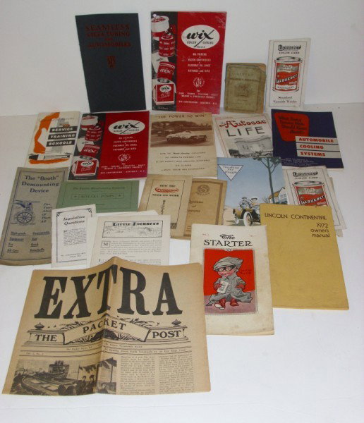 PAPER LOT: ASSORTED PAPER LOT INCLUDING THE AUTOCAR LIFE; THE STARTER; INCOLN CONTINENTAL 1972 OWNER'S MANUAL; LAQUERET SAMPLE COLOR PAMPHLET; ROTARY PUMPS BOOKLET; WIX DEALER CATALOG; SERVICE TRAINING SCHOOLS; 