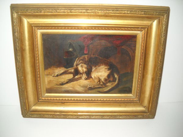 OIL ON BOARD: OIL ON BOARD OF DOG SIGNED B. CHIPS & APINT LOSS TO FRAME. FRAMED MEASURES 14 INCHES X 17 INCHES. All property is sold "AS IS", "WHERE IS", and ALL SALES ARE FINAL. There are NO REFUNDS, NO EXCHANGES.