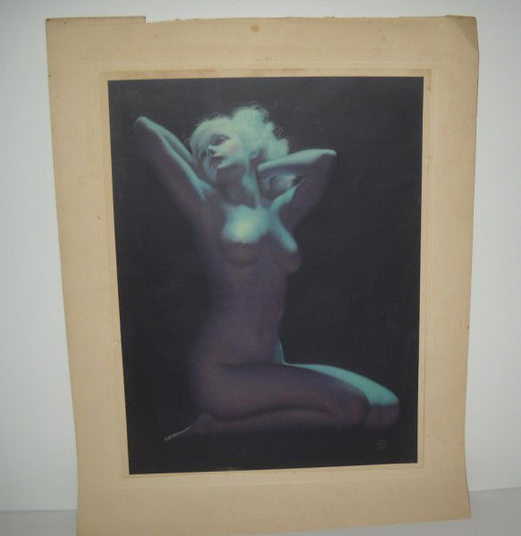 PRINT: NUDE PRINT (POSSIBLE CALENDAR TOP) SIGNED IN PLATE EARL MORAN. CREASES. MATTE HAS FOXING & TEARS. 19 INCHES X 15 INCHES INCLUDING MATTE. All property is sold "AS IS", "WHERE IS", and ALL SALES ARE FIN