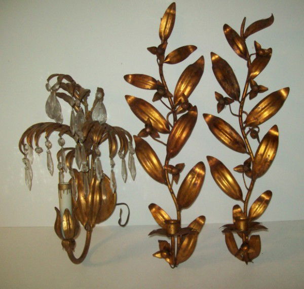 SCONCES: PAIR OF METAL WALL HANGING CANDLE HOLDER; & 1 METAL LIGHT- NEEDS RE WIRING. 18 INCHES X 5 INCHES. All property is sold "AS IS", "WHERE IS", and ALL SALES ARE FINAL. There are NO REFUNDS, NO EXCHANGES.