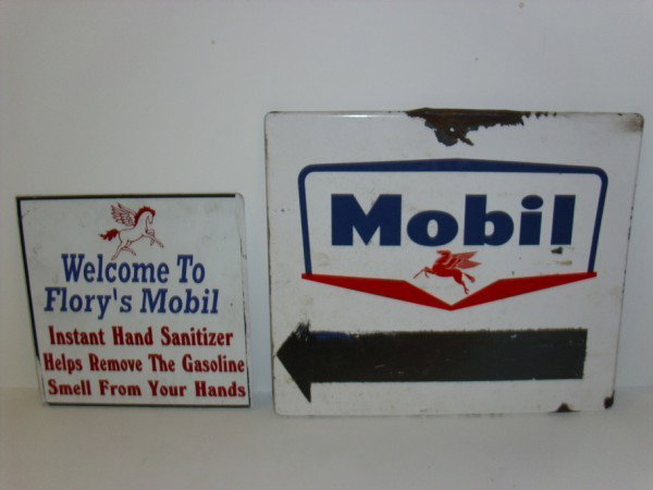 ADVERTISING SIGNS: 2 PORCELAIN MOBILE ADVERTISING SIGNS. PORCELAIN LOSS; RUST; PAINTED; STAINED. 12 INCHES X 14 INCHES. All property is sold "AS IS", "WHERE IS", and ALL SALES ARE FINAL. There are NO REFUNDS, NO EXCHANG