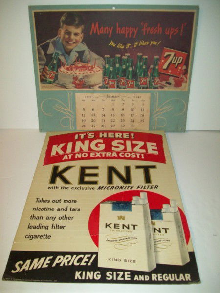 ADVERTISING DISPLAYS: 2 ADVERTISING STORE DISPLAYS INCLUDING KENT CIGARETTE; 7UP 1947 CALENDAR. FOXING; TEARS; PAPER LOSS; CREASES. 24 INCHES 17 INCHES. All property is sold "AS IS", "WHERE IS", and ALL SALES ARE FINAL. Th