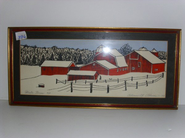 LITHOGRAPH: LITHOGRAPH TITLES "WINTER BARNS" A/P SIGNED THOMAS M. JOHNSON '73. 21 INCHES X 10 INCHES. All property is sold "AS IS", "WHERE IS", and ALL SALES ARE FINAL. There are NO REFUNDS, NO EXCHANGES. ALL ART