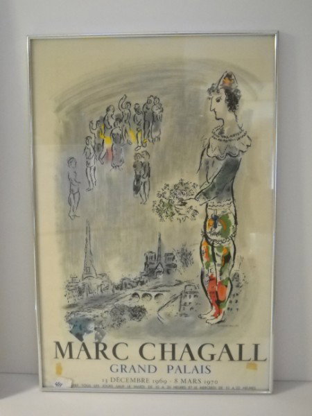 POSTER: MARC CHAGALL GRAND PALAIS 1970 EXHIBITION POSTER. BY CH. SORLIER GRAV. LITH. FOXING; TEARS; TAPE. 27 INCHES X 18 INCHES. All property is sold "AS IS", "WHERE IS", and ALL SALES ARE FINAL. There are NO