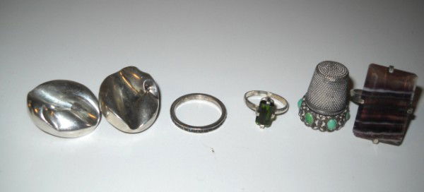 JEWELRY: EARRINGS MARKED KARBRE; 2 STERLING RINGS; THIMBLE & LARGE STONED RING NOT MARKED. All property is sold "AS IS", "WHERE IS", and ALL SALES ARE FINAL. There are NO REFUNDS, NO EXCHANGES. ALL ARTWORK, PA