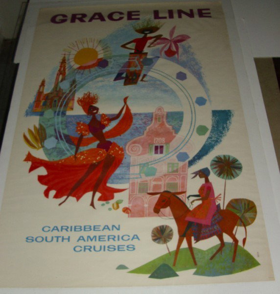 TRAVEL POSTER: 1960'S GRACE LINE CARIBBEAN SOUTH AMERICA CRUISES TRAVEL POSTER. EDGE TEARS; APPROX 2 INCH TEAR; STAIN. 42 INCHES X 28 INCHES. All property is sold "AS IS", "WHERE IS", and ALL SALES ARE FINAL. There 