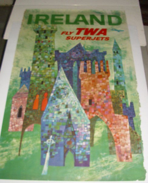 TRAVEL POSTER: DAVID KLEIN IRELAND FLY TWA SUPERJETS TRAVEL POSTER. RUFF EDGES. 40 INCHES HIGH X 25 INCHES WIDE. All property is sold "AS IS", "WHERE IS", and ALL SALES ARE FINAL. There are NO REFUNDS, NO EXCHANGES.