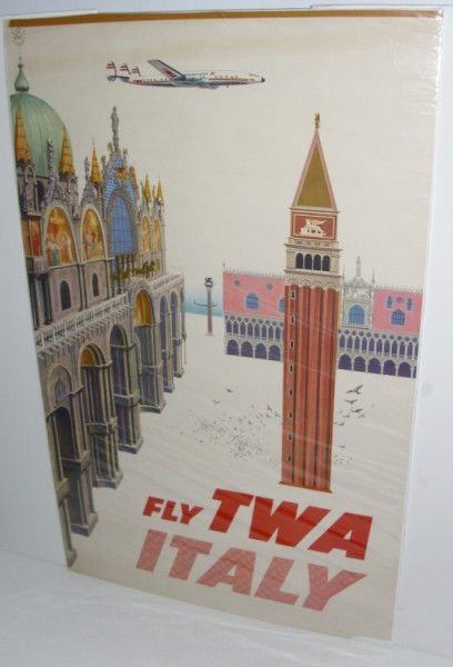 TRAVEL POSTER: DAVID KLEIN FLY TWA ITALY TRAVEL POSTER. TAPE ON TO EDGE; CREASES; BOTTOM CORNER RIPPED OFF; TEARS; STAINS. 40 INCHES HIGH X 25 INCHES WIDE. All property is sold "AS IS", "WHERE IS", and ALL SALES ARE