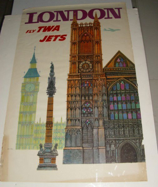 TRAVEL POSTER: DAVID KLEIN LONDON FLY TWA JETS TRAVEL POSTER. EDGE TEARS; STAINED; CREASES. 40 INCHES HIGH X 25 INCHES WIDE. All property is sold "AS IS", "WHERE IS", and ALL SALES ARE FINAL. There are NO REFUNDS, N