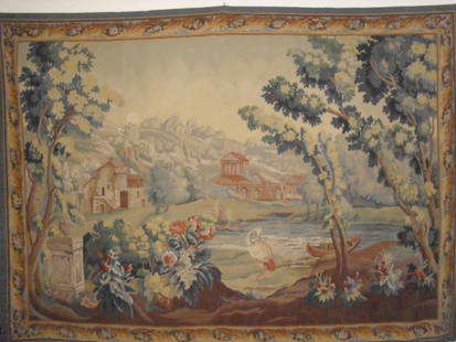 TAPESTRY: LARGE HAND MADE TAPESTRY WITH BIRD & HOUSES. 7 1/2 FT. WIDE X 5 1/2 FT. WIDE. PLEASE CONTACT AUCTION HALL REGARDING COMPLETE CONDITION REPORT PRIOR TO BIDDING. All property is sold "AS IS", "WHERE IS"