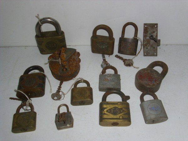 LOCKS: VARIOUS LOCKS SOME WITH KEYS INCLUDING YALE; ACME; AETNA. USED CONDITION; RUST. PLEASE CONTACT AUCTION HALL REGARDING COMPLETE CONDITION REPORT PRIOR TO BIDDING. All property is sold "AS IS", "WHERE I