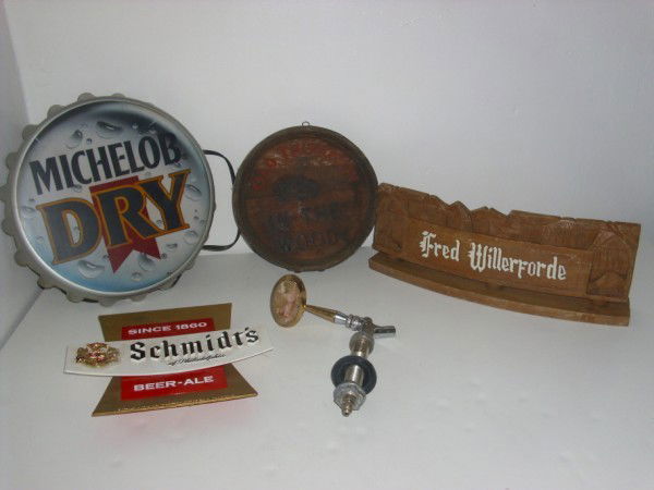 ADVERTISING ITEMS: SCHMIDT'S PLASTIC ADVERTISING SIGN; FRED WILLERFORDE WOOD SIGN; OLD THOMPSON ROUND WOOD ADVERTISING SIGN; MICHELOB DRY PLASTIC LIGHTED SIGN; BEER TAP WITH NUDE PICTURE. SCRATCHES; PAINT LOSS; USED CON
