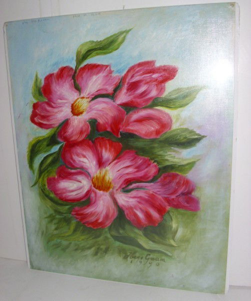 OIL ON PAPER SIGNED: OIL ON PAPER PINK FLORAL SCENE SIGNED HUGO GNAM 1990. PIN HOLES ON CORNERS. 16 1/2 INCHES WIDE X 20 INCHES HIGH. All property is sold "AS IS", "WHERE IS", and ALL SALES ARE FINAL. There are NO REFUNDS